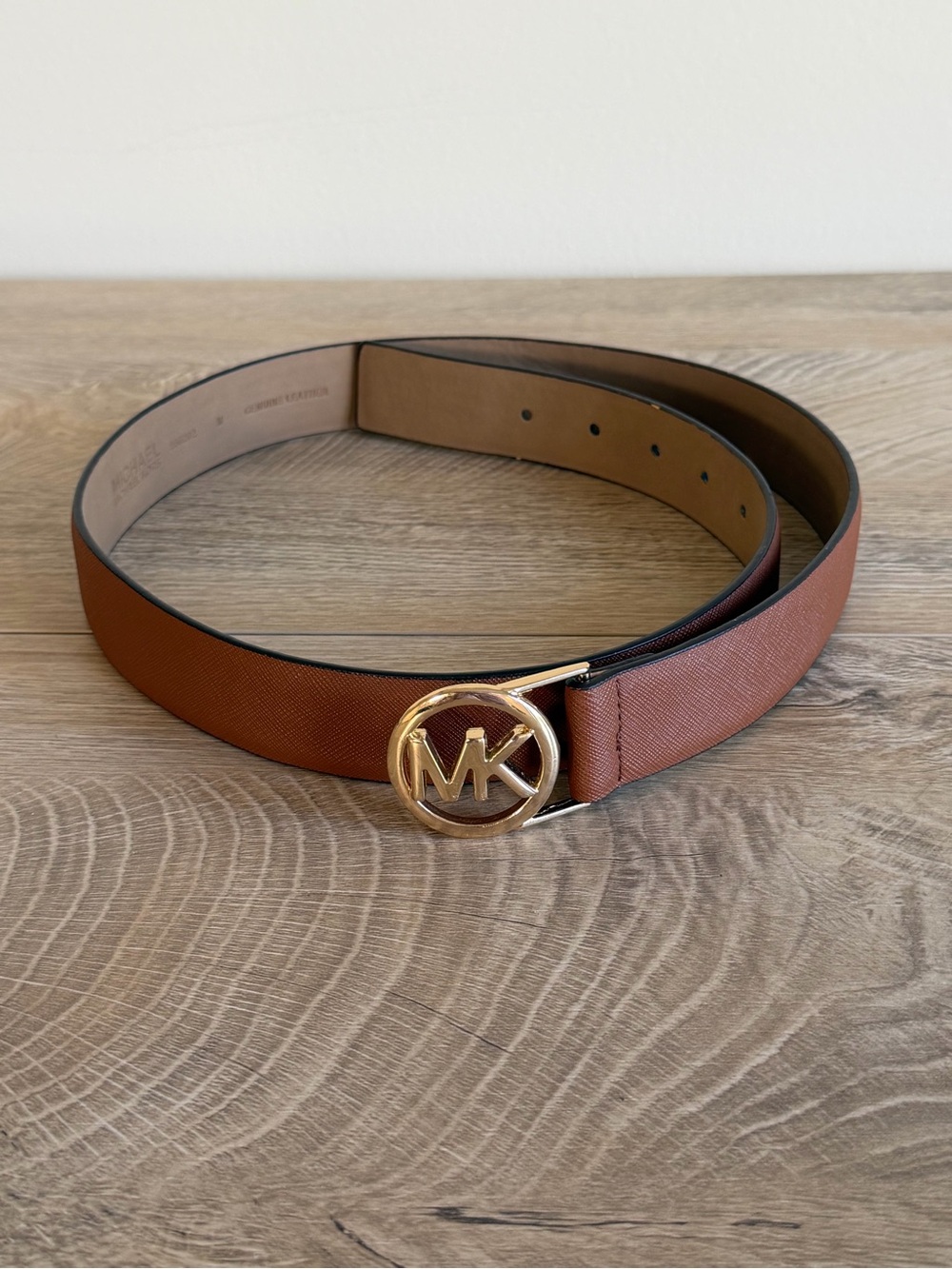 Michael Kors Tan Brown Logo Belt with Gold MK Buckle